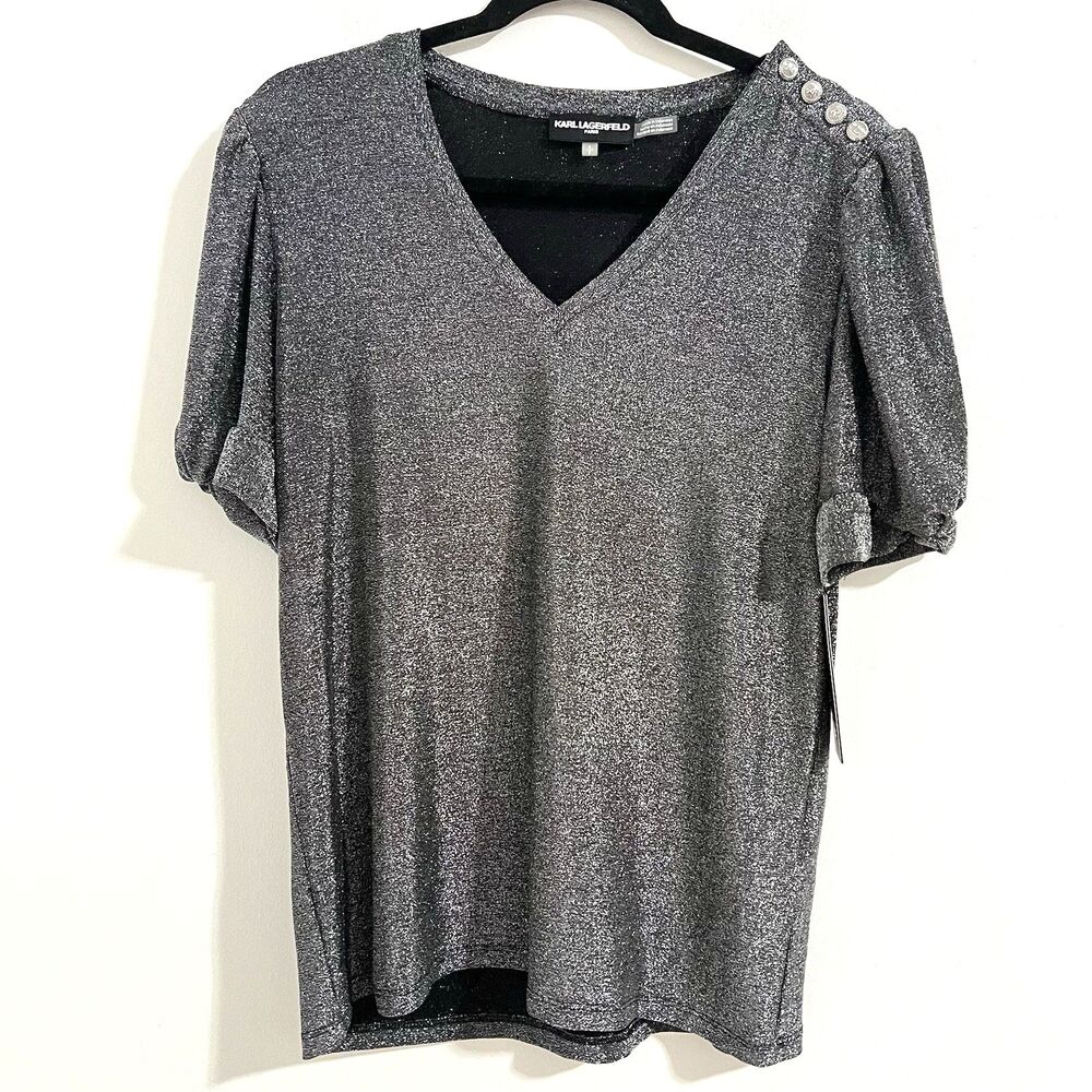Karl Lagerfeld Blouse Size S Silver Metallic Short Puff Sleeve Modest Party Top